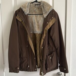 TopShop Olive/Brown Fur Parka - Size 8